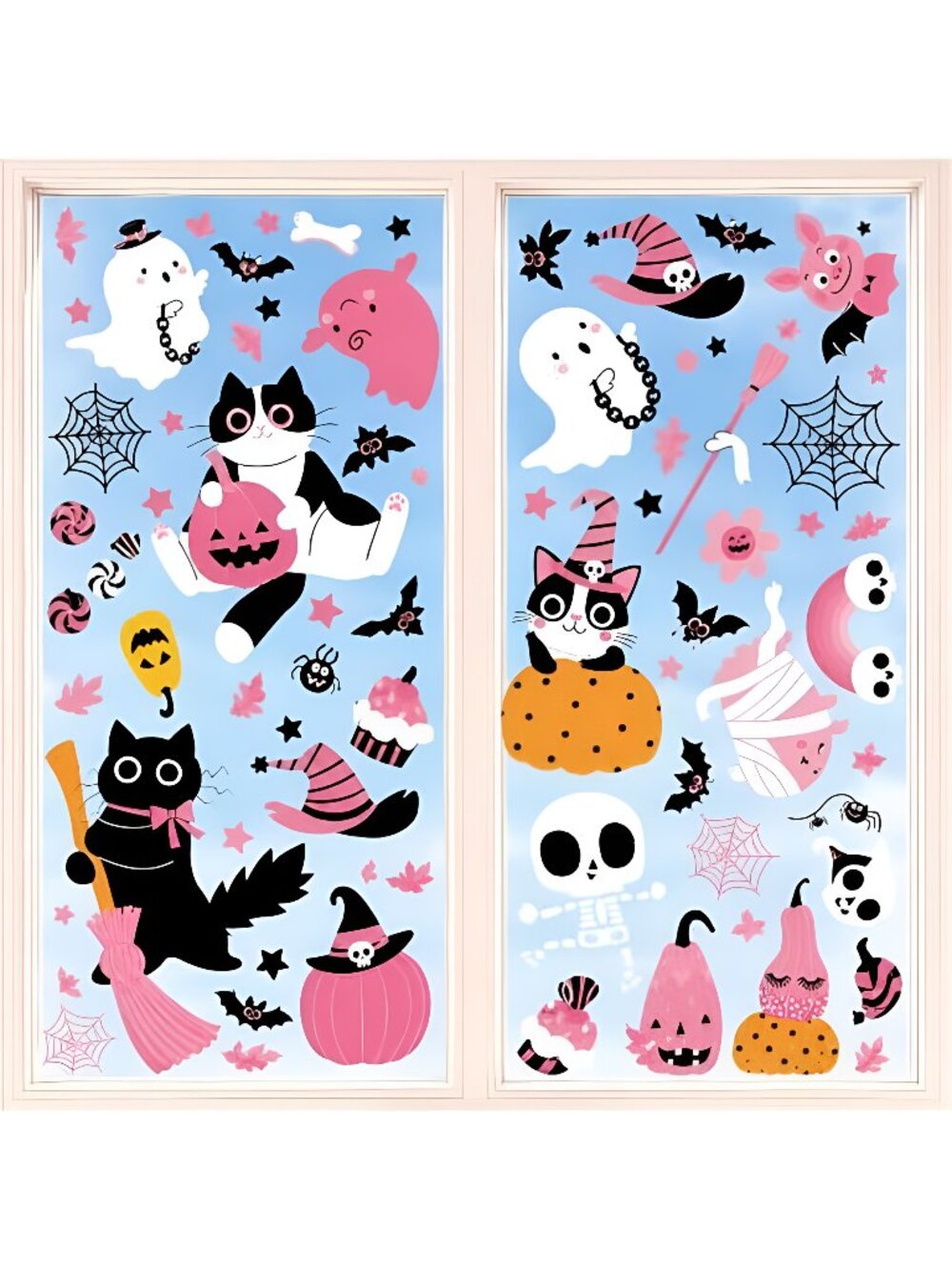 Pink Halloween Window Clings, Reusable Cute Cat Ghost, 8 Sheets